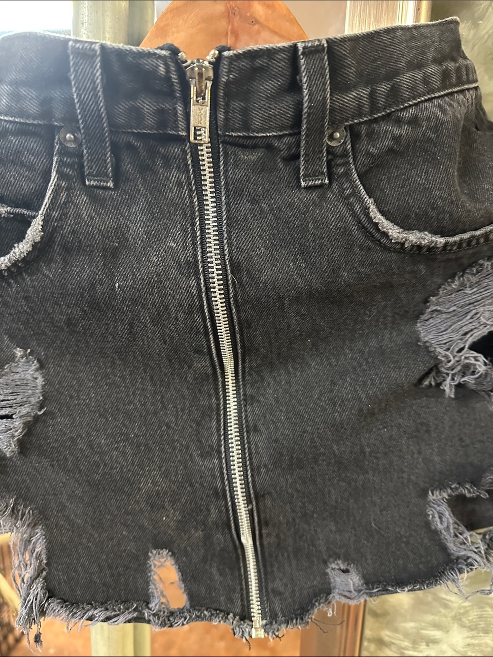 Carmar Black Distressed Denim Mini Skirt with Front Zipper